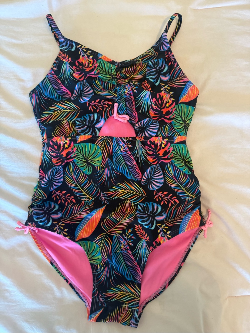 Kids One-Piece Swimsuit - Neon Tropical Print with Pink Accents